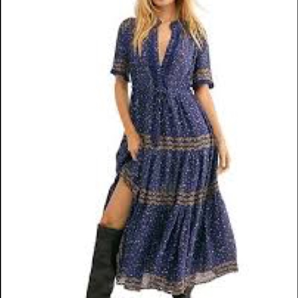 Free People Rare Feeling women Pleated Printed Dress Navy M